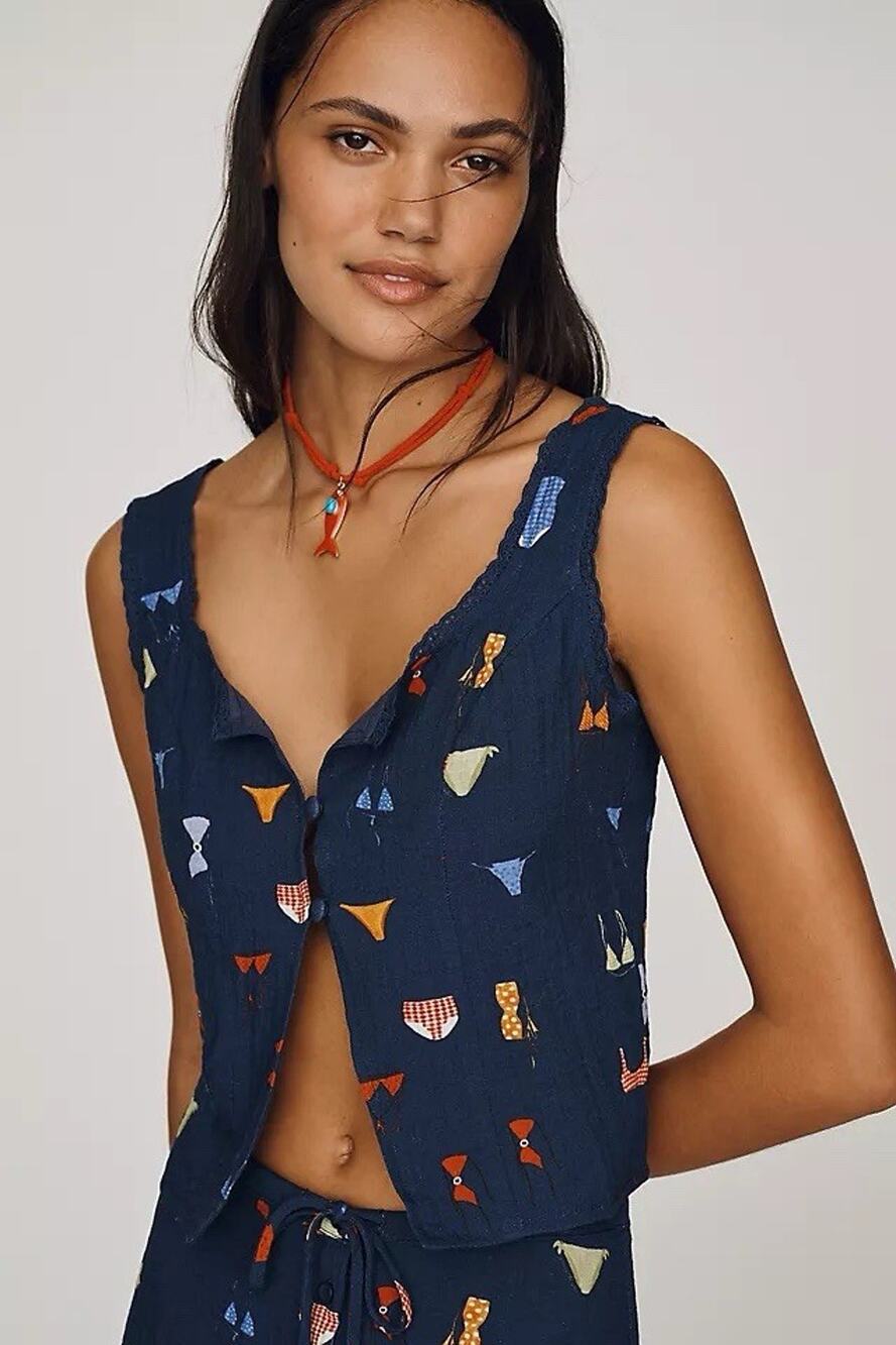 NWT Anthropologie Jacquie The Label Pintuck Top Printed Navy Tank L
